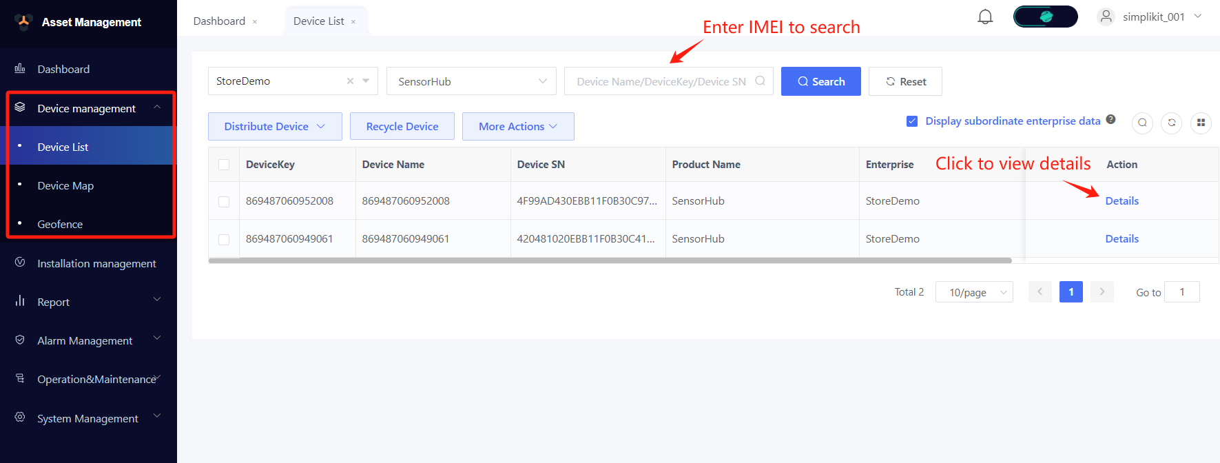 Search device using IMEI